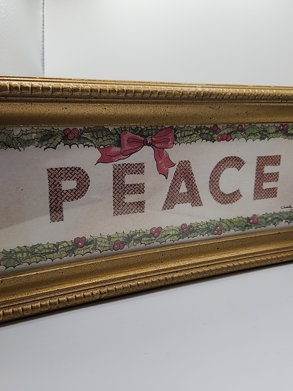 PEACE Holiday Framed Sign - Gold Frame, Red & Green Accents